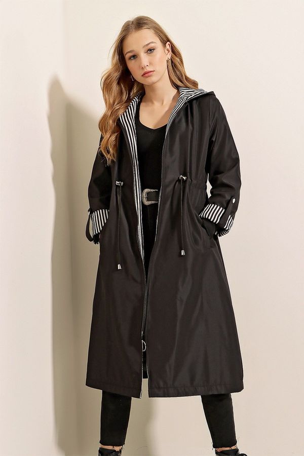 Bigdart Bigdart 9091 Hooded Trench Coat with Pleated Waist - Black