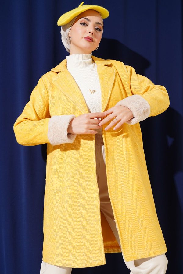 Bigdart Bigdart 9145 Women's Fish Back Cashew Coat with Feather Sleeves - Yellow