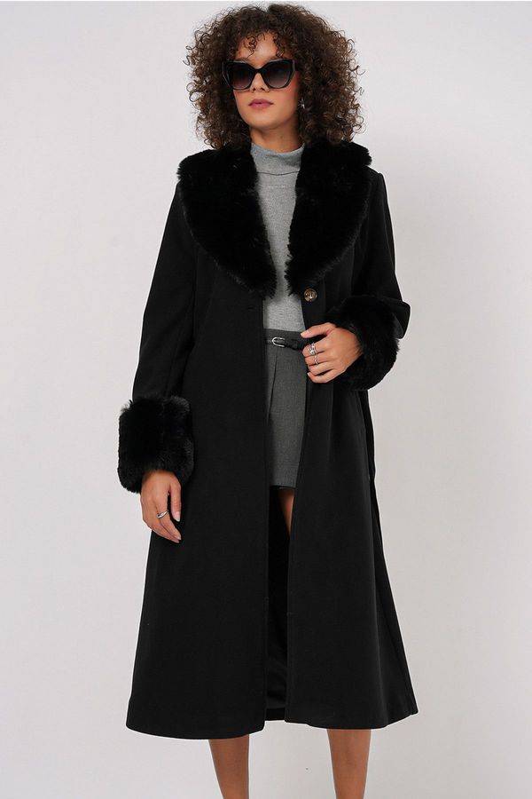 Bigdart Bigdart 9149 Fur Detail Long Coat - Black