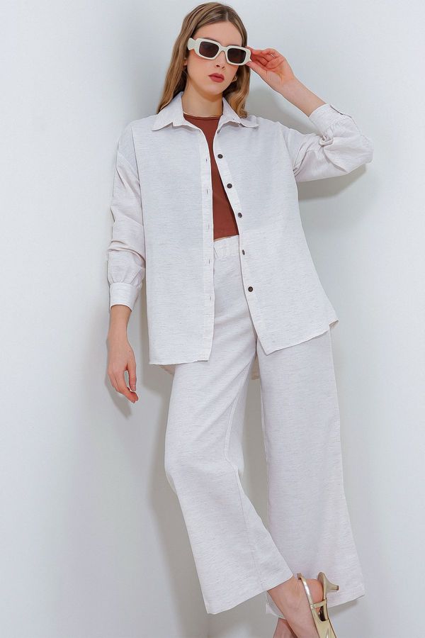 Bigdart Bigdart T6624 Wide Leg Linen Bottom Top Set - Cream