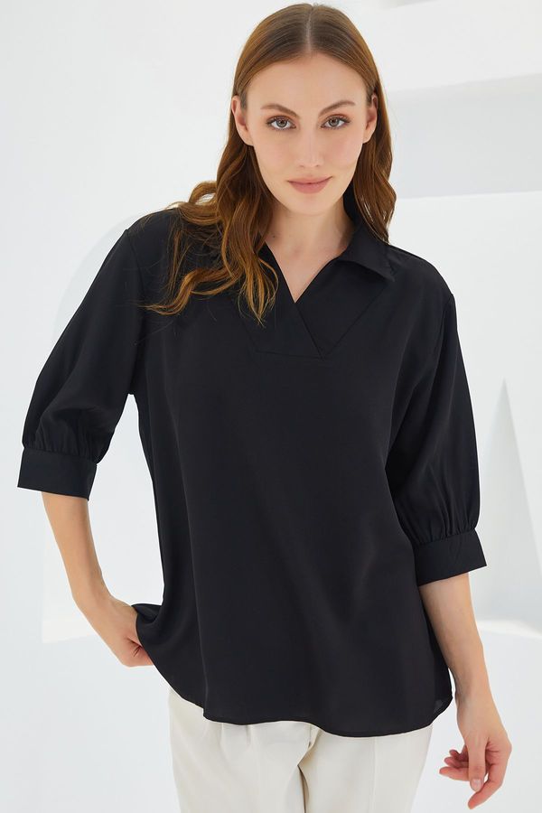 Bigdart Bigdart Women's Black Shirt Collar Satin Blouse 0493