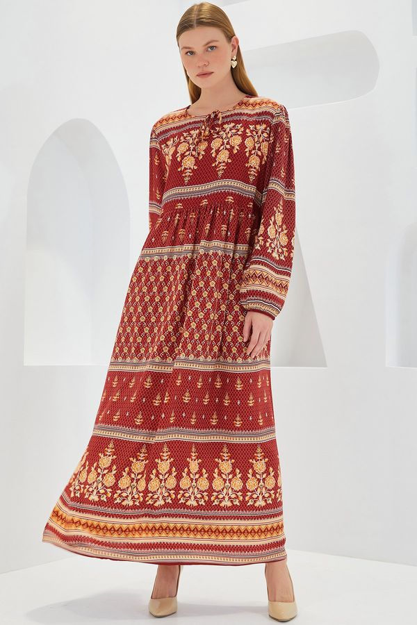Bigdart Bigdart Women's Brick Beige Patterned Long Viscose Dress 1947