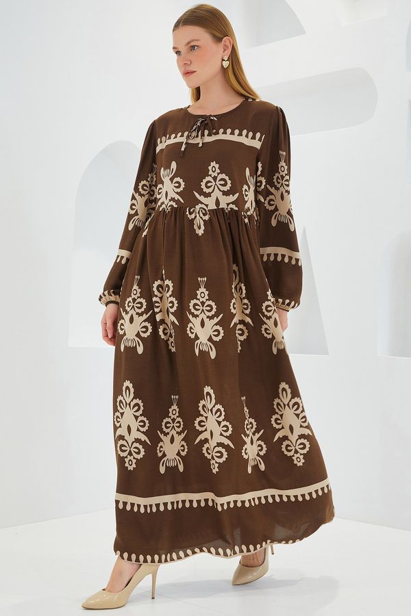 Bigdart Bigdart Women's Brown Cream Patterned Long Viscose Dress 1947