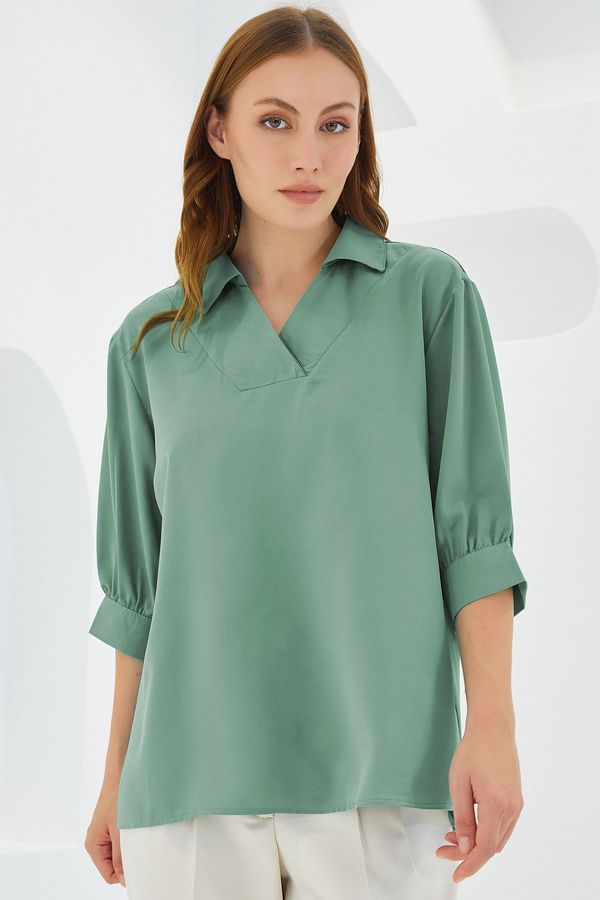 Bigdart Bigdart Women's Green Shirt Collar Satin Blouse 0493