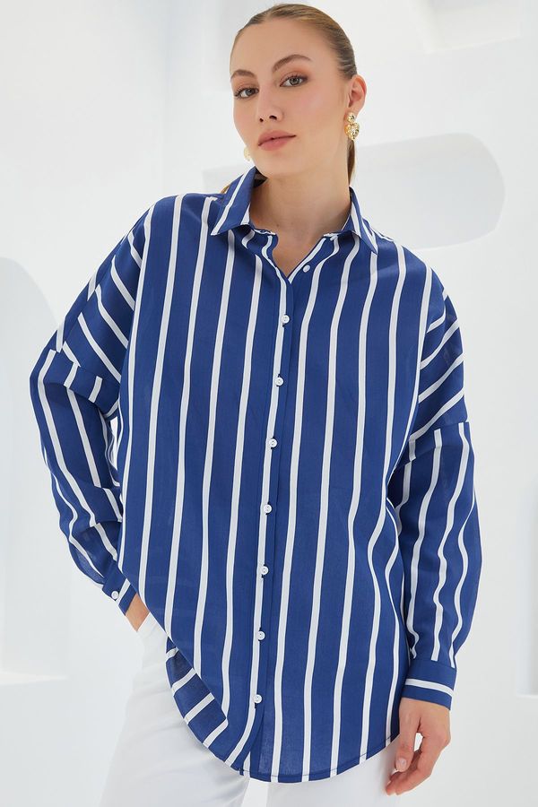 Bigdart Bigdart Women's Navy Blue White Striped Oversize Basic Shirt 20254