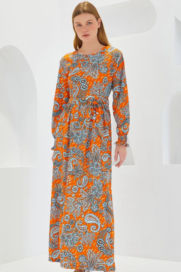 Bigdart Bigdart Women's Orange Floral Patterned Knitted Hijab Dress 1525
