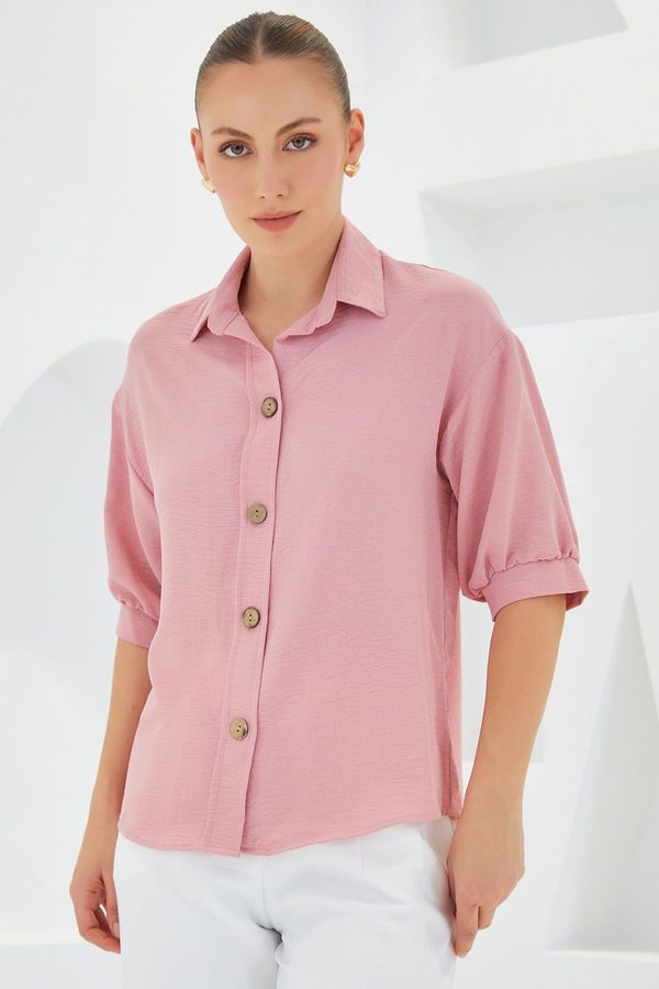 Bigdart Bigdart Women's Pink Short Sleeve Oversize Linen Shirt 20240