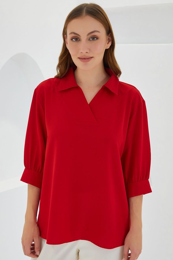 Bigdart Bigdart Women's Red Shirt Collar Satin Blouse 0493