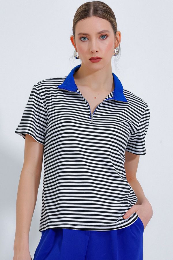 Bigdart Bigdart Women's Saks Polo Neck Zippered Striped T-Shirt 0497