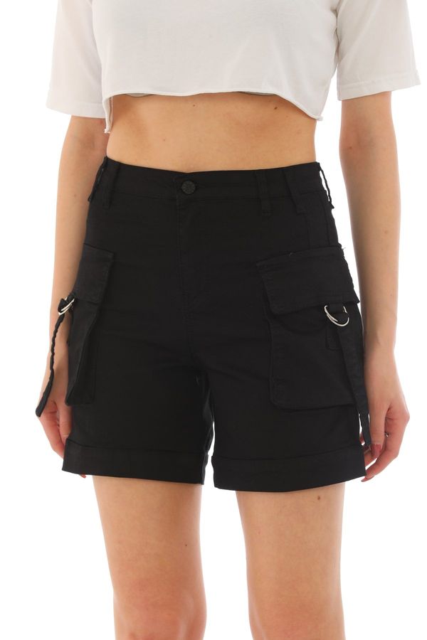 BİKELİFE BİKELİFE Black High Waist Flexible Denim Shorts With Pocket.