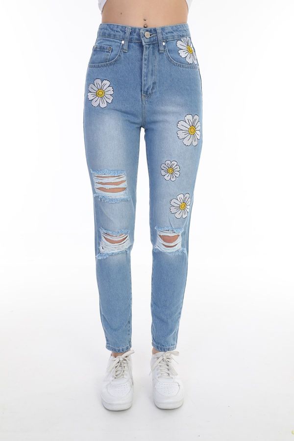BİKELİFE BİKELİFE Blue High Waist Laser Daisy Embroidered Mom Jean