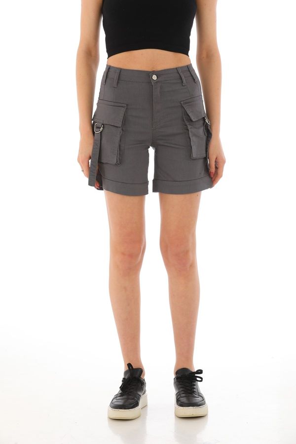BİKELİFE BİKELİFE Gray High Waist Flexible Denim Shorts With Pocket.
