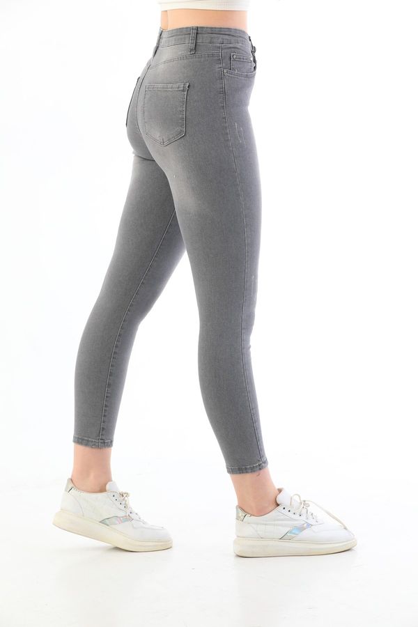 BİKELİFE BİKELİFE Gray Nail Detail Plus Size High Waist Lycra Denim Trousers.