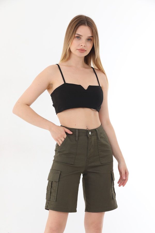 BİKELİFE BİKELİFE High Waist Flexible Bermuda Shorts with Cargo Pocket.