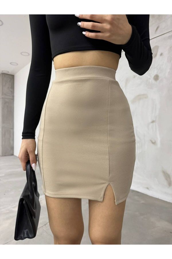 BİKELİFE BİKELİFE Women's Beige High Waist Slit Detail Mini Skirt