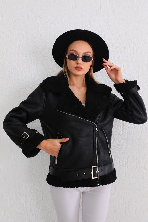 BİKELİFE BİKELİFE Women's Black Cuff Detailed Suede Leather Coat with Fur Inside Belt and Antique Detail