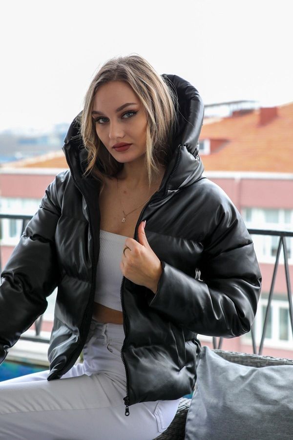 BİKELİFE BİKELİFE Women's Black Leather Hooded Down Jacket