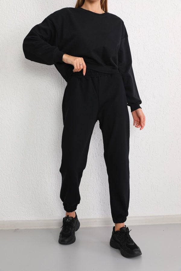 BİKELİFE BİKELİFE Women's Black Three Thread Raised Oversize Crop Tracksuit Set