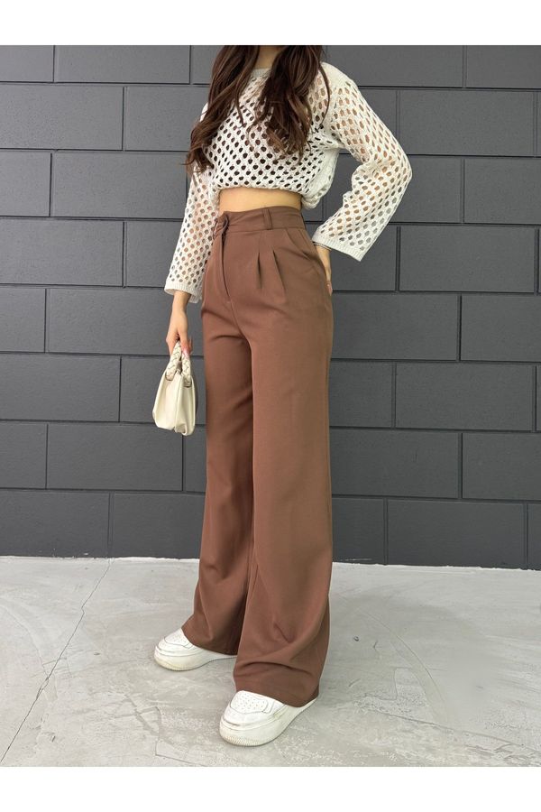 BİKELİFE BİKELİFE Women's Brown Lycra Palazzo Loose Wide Leg Trousers