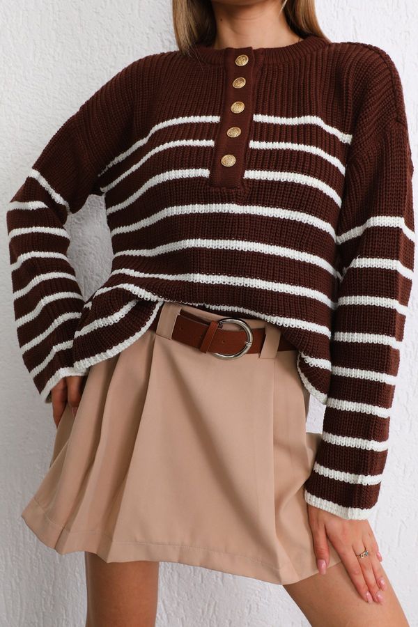 BİKELİFE BİKELİFE Women's Brown Oversize Gold Buttoned Striped Thick Knitwear Sweater