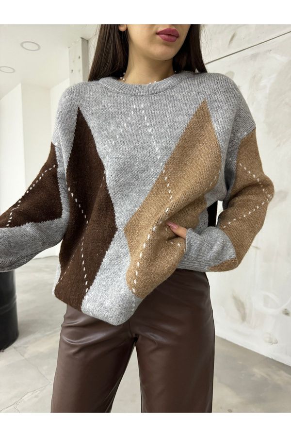 BİKELİFE BİKELİFE Women's Diamond Pattern Oversized Sweater