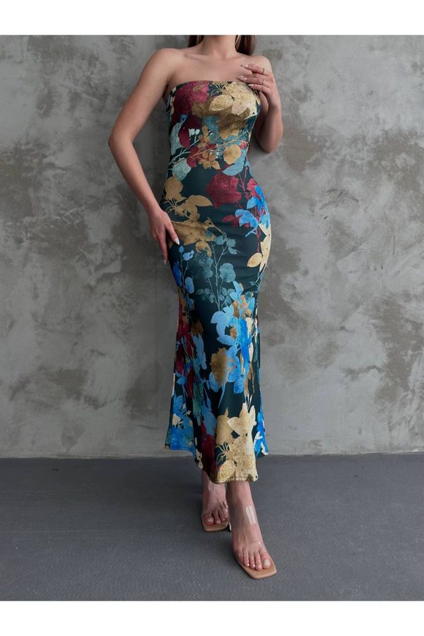 BİKELİFE BİKELİFE Women's Floral Patterned Strapless Midi Length Dress
