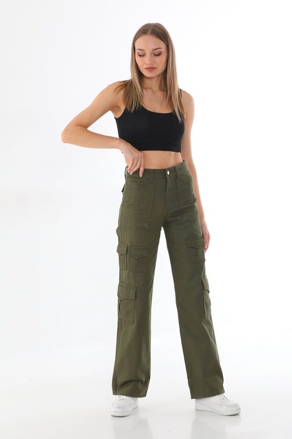 BİKELİFE BİKELİFE Women's Khaki High Waist Multi-Pocket Straight Fit Cargo Pants