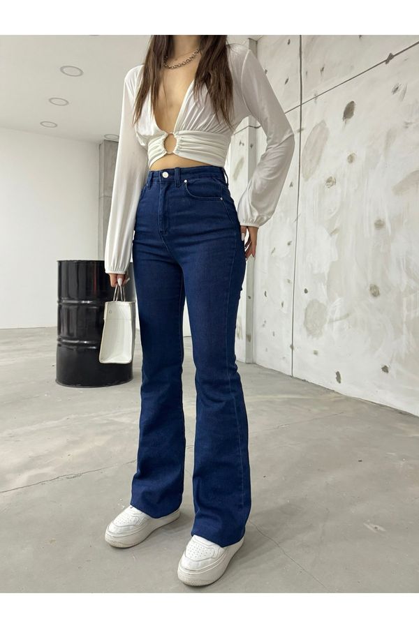 BİKELİFE BİKELİFE Women's Navy Blue High Waist Stretchy Flare Leg Jeans