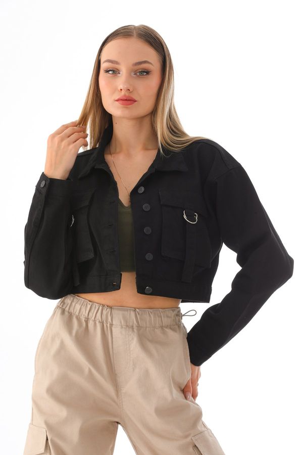 BİKELİFE BİKELİFE Women's Pocket Detailed Oversize Crop Denim Jacket