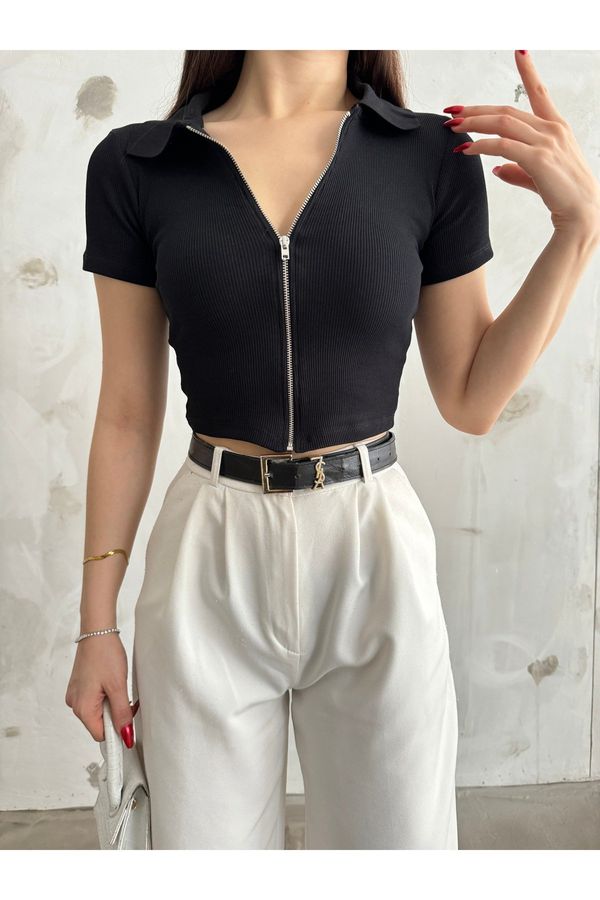 BİKELİFE BİKELİFE Women's Zipper Polo Neck Ribbed Short Sleeve Camisole Crop Blouse