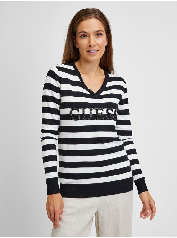 Guess Black and White Ladies Striped Light Sweater Guess Anne - Women