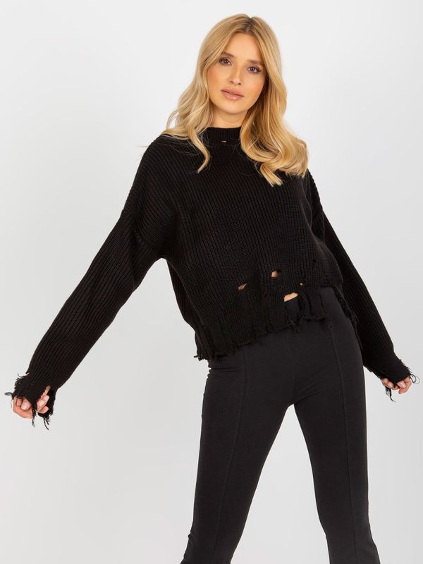 Fashionhunters Black asymmetrical sweater RUE PARIS with holes in wool
