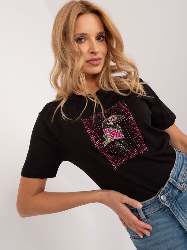 Fashionhunters Black cotton T-shirt with colorful appliqué