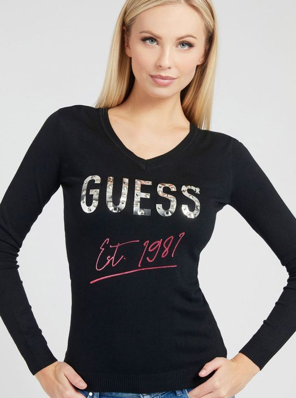 Guess Black Ladies Sweater with Inscription with Decorative Details Guess Logo V Nec - Women