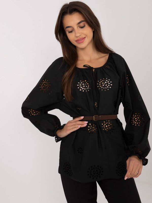 Fashionhunters Black openwork women's blouse with belt