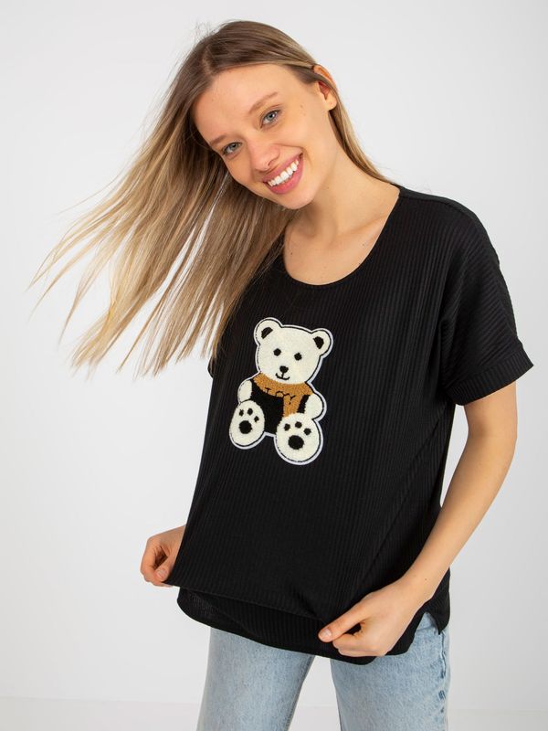 Fashionhunters Black ribbed oversize blouse with teddy bear