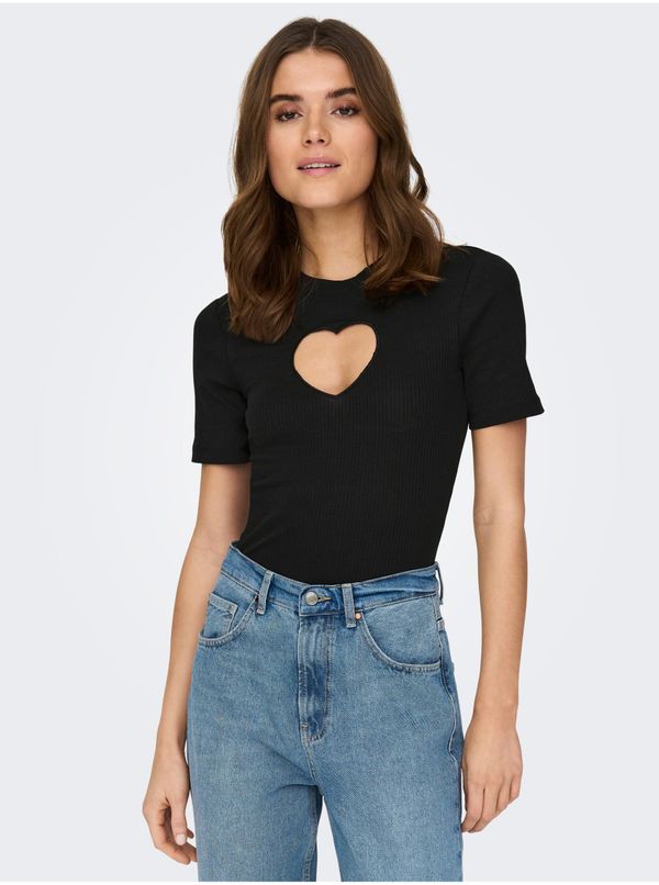 Only Black Ribbed T-Shirt with Decorative Neckline ONLY Randi - Women
