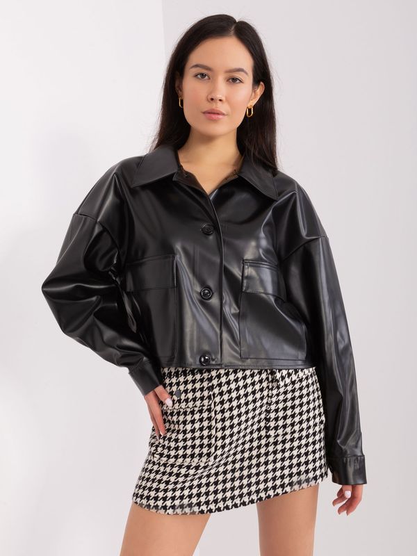Fashionhunters Black short jacket made of eco-leather with a collar