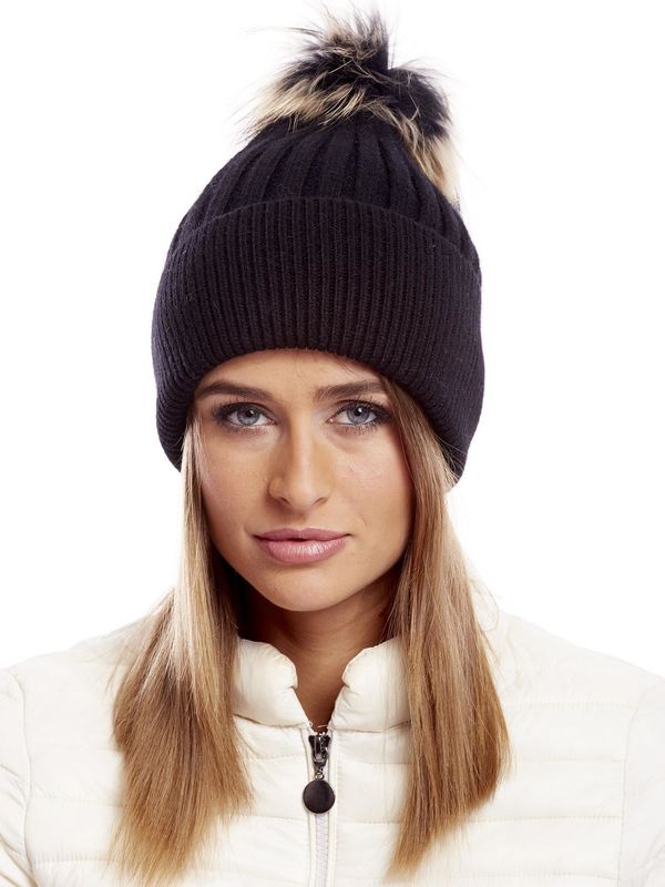 Fashionhunters Black striped hat with fur pompom