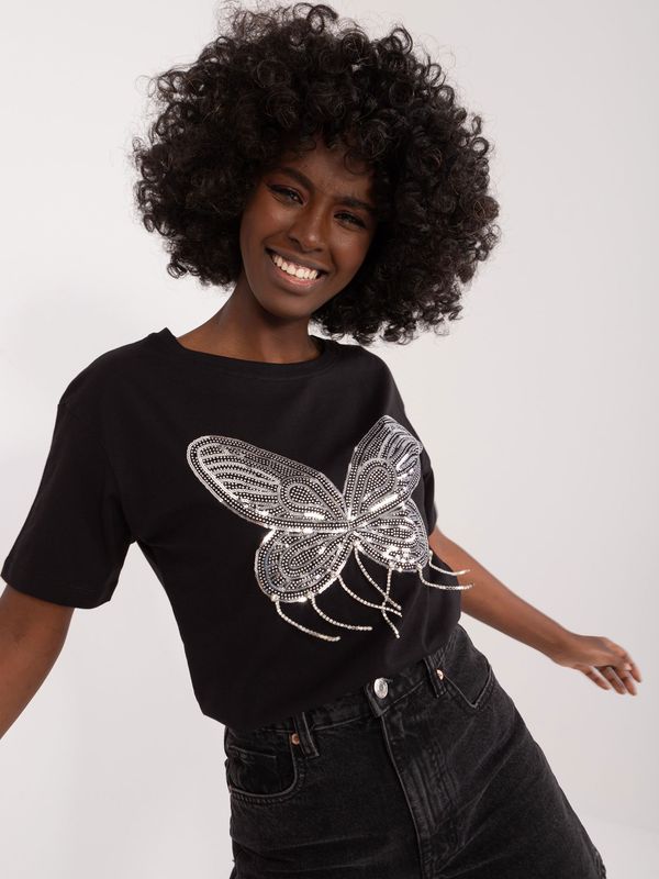 Fashionhunters Black T-shirt with butterfly-shaped appliqués