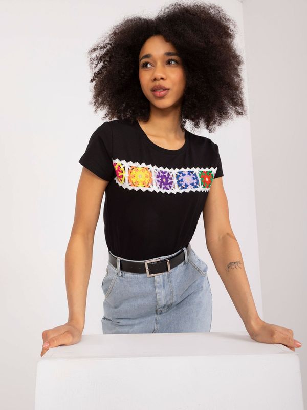 Fashionhunters Black T-shirt with colorful embroidery BASIC FEEL GOOD