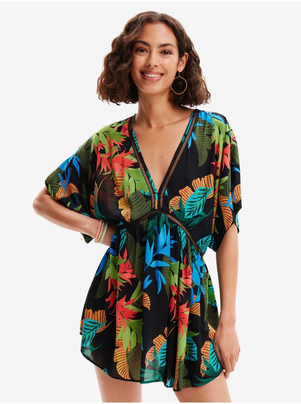 DESIGUAL Black Women's Floral Beach Dress Desigual Top Tropical Party - Women