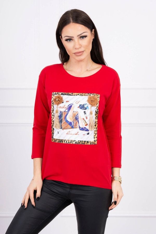 Kesi Blouse with 3D graphics and decorative pom pom red