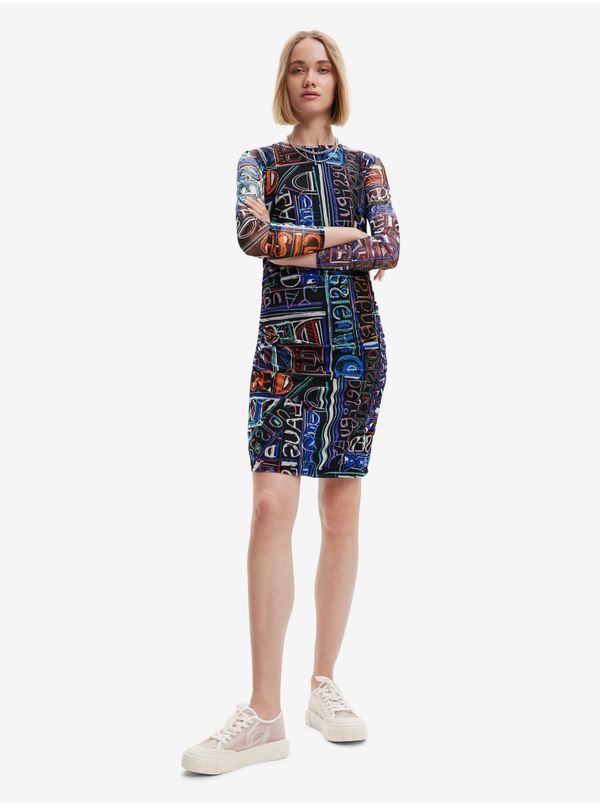 DESIGUAL Blue and Black Women Patterned Sheath Mini Dress Desigual Lettering - Women