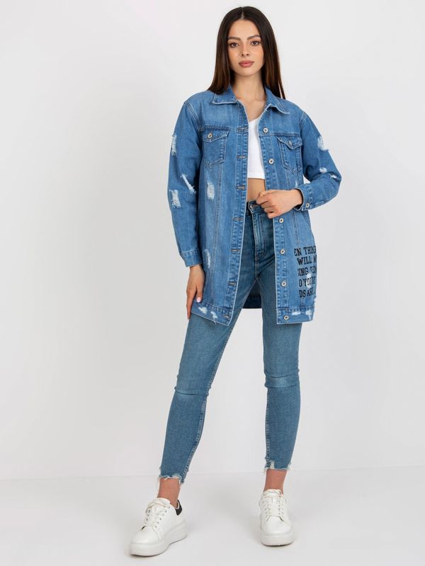 Fashionhunters Blue Long Denim Jacket with Print