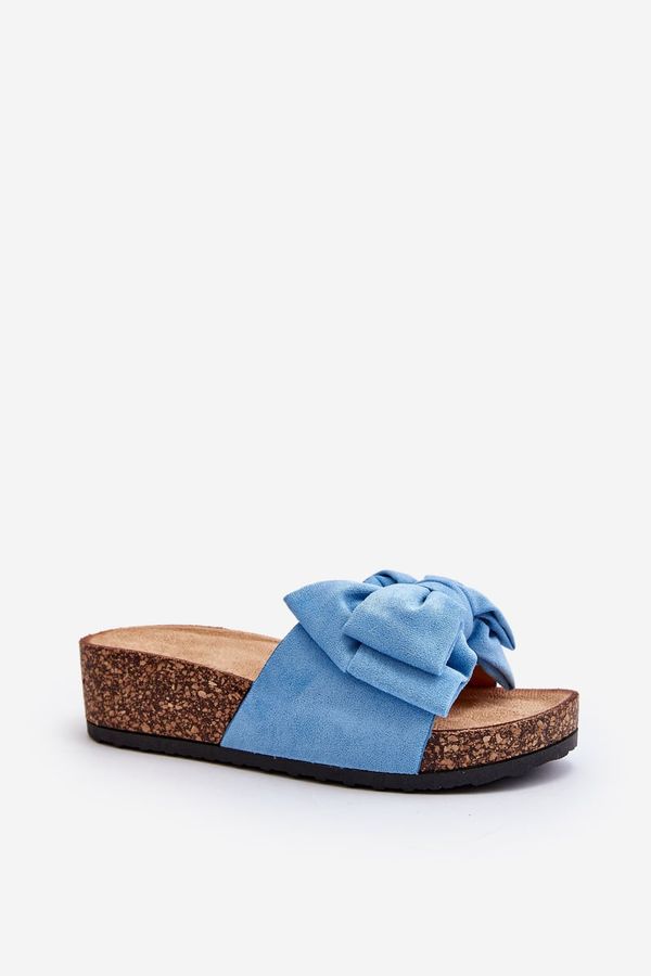 Kesi Blue Tarena women's slippers on a cork platform with a bow