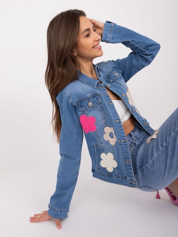 Fashionhunters Blue women's denim jacket with flowers