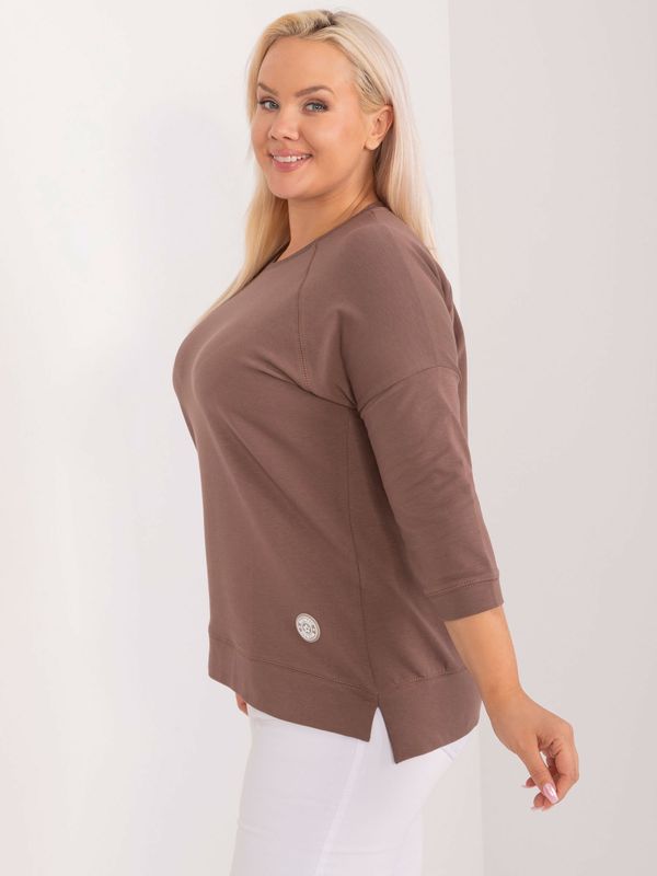 Fashionhunters Brown blouse with a round neckline plus size