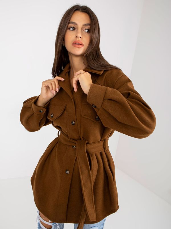 Fashionhunters Brown lady's coat with pockets and ties