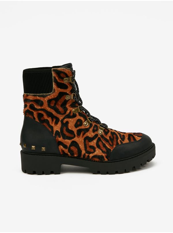 DESIGUAL Brown Leather Ankle Boots with Leopard Pattern Desigual Biker Le - Ladies